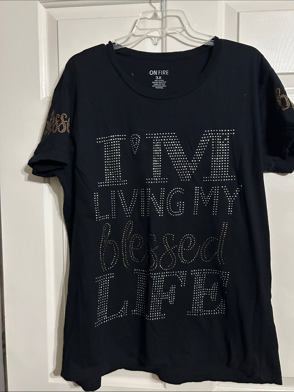 On Fire Black Tee with Gold & Silver Rhinestone Script